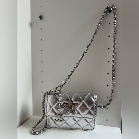 CHANEL Handbags - CHANEL Silver Mini Quilted Belt Bag